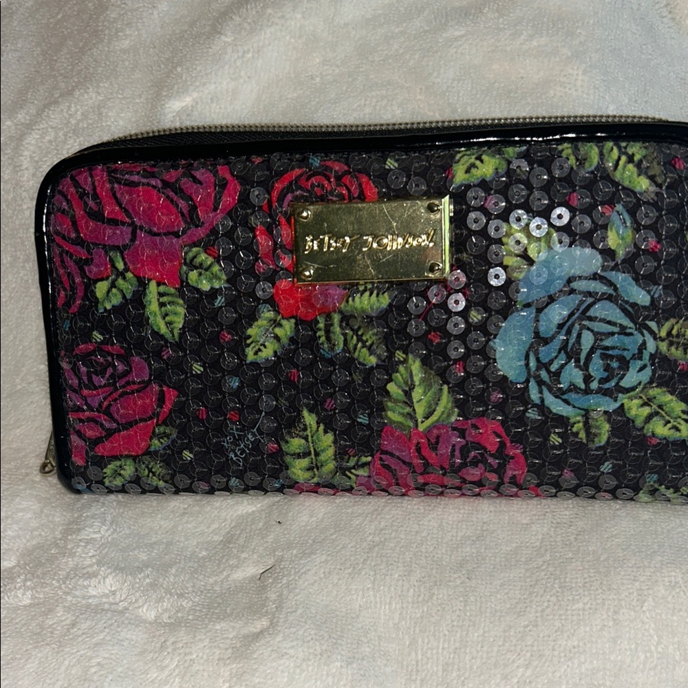Betsey Johnson Sequin Floral Wallet - Black and Pink